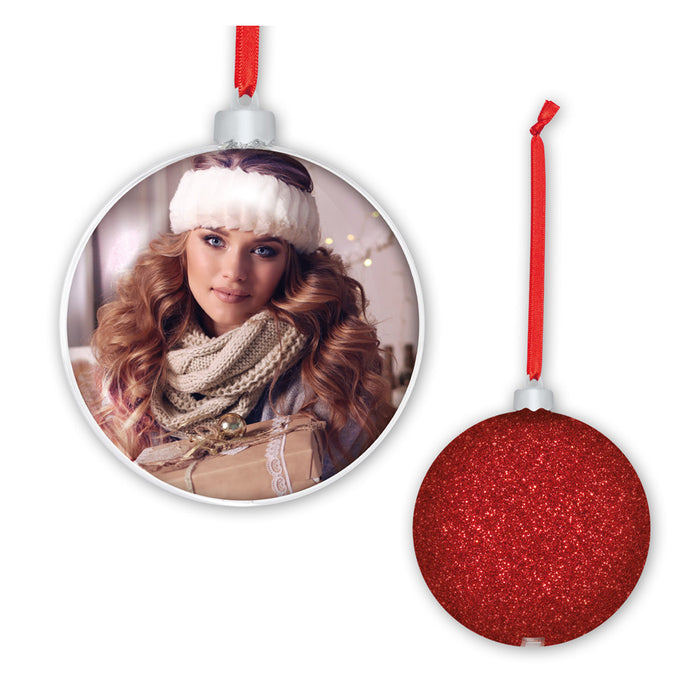 Palla di Natale "Photo Christmas Red" rosso con glitter (8,5x8,5) fronte